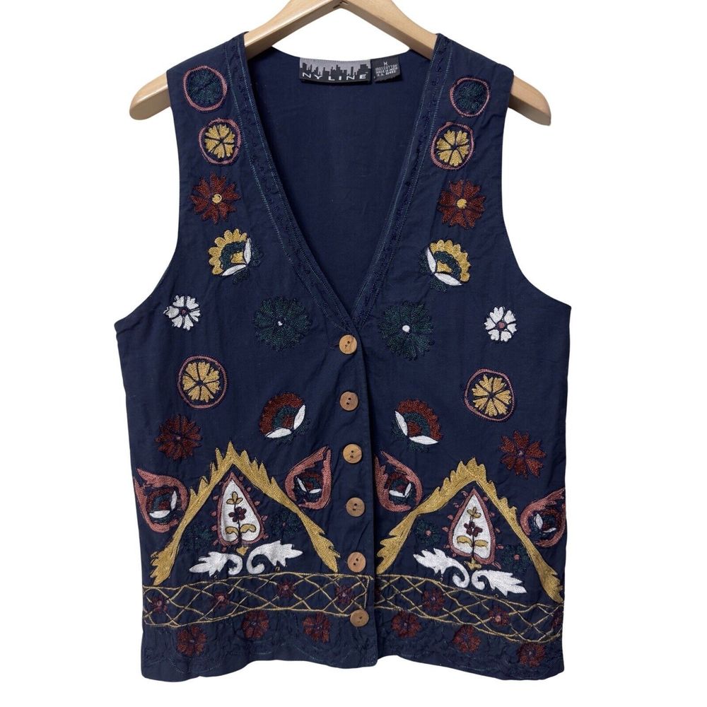 NY Line Womens Size M Bohemian Boho Embroidered Wood Button Adjustable Vest Top